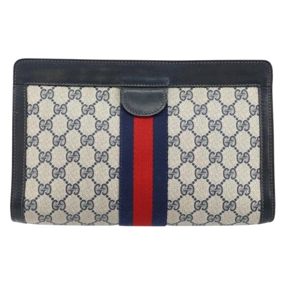 GUCCI GG Supreme Sherry Line Clutch Bag PVC Navy Red Auth 144387 - Picture 2 of 16